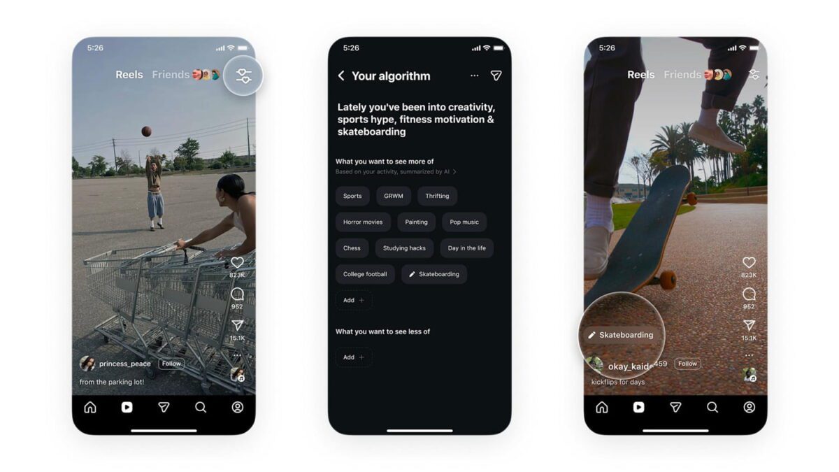 نمای سهگانه از محیط بخش Reels در اپلیکیشن اینستاگرام، شامل صفحه پخش ویدیو، تنظیمات الگوریتم علاقهمندیها و ویدیوهای اسکیتبرد در رابط تیره