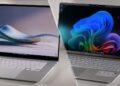 نمای مقایسه‌ای دو لپ‌تاپ ASUS Vivobook S 15 با نمایشگر ۱۵ اینچی و بدنه آلومینیومی باریک، نمایش طراحی فریم، کیبورد تمام‌سایز و تفاوت رندر رابط کاربری روی صفحه‌ نمایش