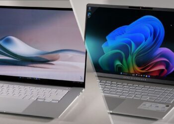 نمای مقایسه‌ای دو لپ‌تاپ ASUS Vivobook S 15 با نمایشگر ۱۵ اینچی و بدنه آلومینیومی باریک، نمایش طراحی فریم، کیبورد تمام‌سایز و تفاوت رندر رابط کاربری روی صفحه‌ نمایش