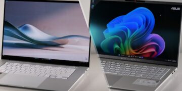 نمای مقایسه‌ای دو لپ‌تاپ ASUS Vivobook S 15 با نمایشگر ۱۵ اینچی و بدنه آلومینیومی باریک، نمایش طراحی فریم، کیبورد تمام‌سایز و تفاوت رندر رابط کاربری روی صفحه‌ نمایش