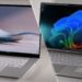 نمای مقایسهای دو لپتاپ ASUS Vivobook S 15 با نمایشگر ۱۵ اینچی و بدنه آلومینیومی باریک، نمایش طراحی فریم، کیبورد تمامسایز و تفاوت رندر رابط کاربری روی صفحه نمایش