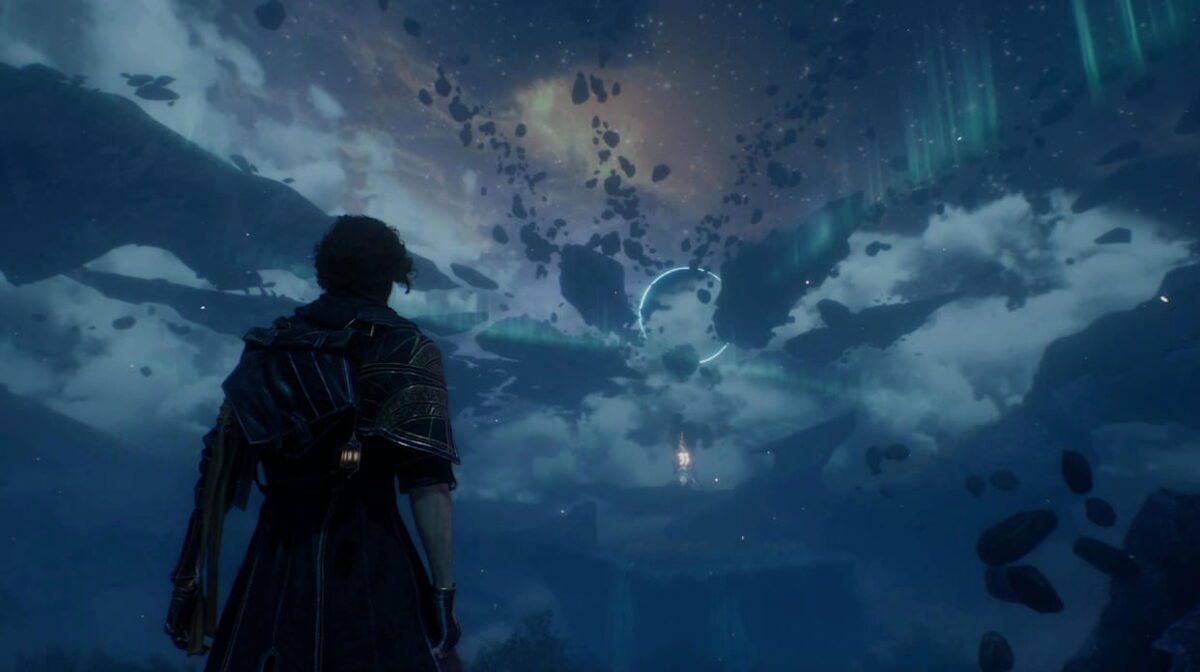 نمای سینمایی از محیط فانتزی بازی Clair Obscur: Expedition 33 با آسمان شب، سنگ‌های معلق، افکت نورهای قطبی و منظره جادویی، القای ماجراجویی و دنیای رازآلود