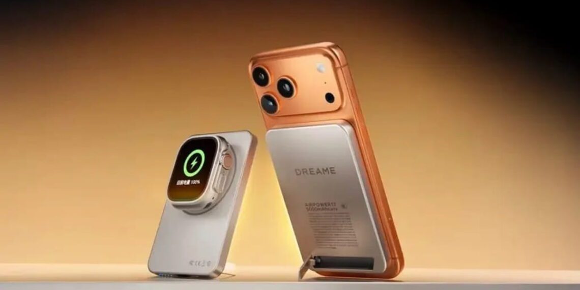 رندر رسمی از گوشی هوشمند Dreame با طراحی ماژولار، نمایش باتری مغناطیسی متصل‌ شونده مجهز به نمایشگر وضعیت شارژ و بدنه دو رنگ، تمرکز بر نوآوری در تأمین انرژی و طراحی صنعتی متفاوت