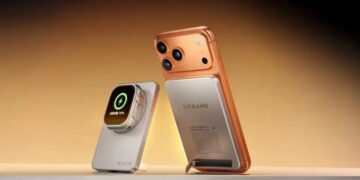 رندر رسمی از گوشی هوشمند Dreame با طراحی ماژولار، نمایش باتری مغناطیسی متصل‌ شونده مجهز به نمایشگر وضعیت شارژ و بدنه دو رنگ، تمرکز بر نوآوری در تأمین انرژی و طراحی صنعتی متفاوت