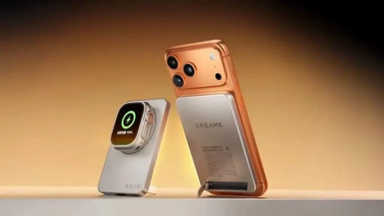 رندر رسمی از گوشی هوشمند Dreame با طراحی ماژولار، نمایش باتری مغناطیسی متصل‌ شونده مجهز به نمایشگر وضعیت شارژ و بدنه دو رنگ، تمرکز بر نوآوری در تأمین انرژی و طراحی صنعتی متفاوت