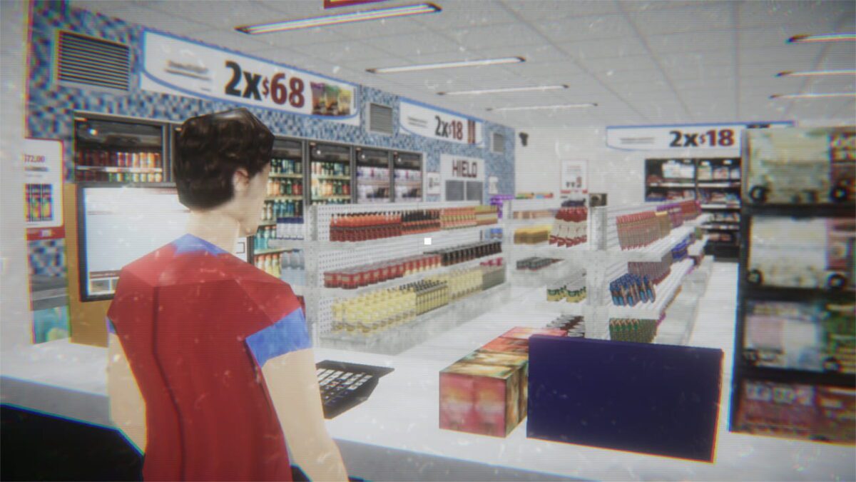 نمای داخل فروشگاه در بازی ترسناک Night Shift Nightmare، با قفسههای فروش، نور فلورسنت و حس ناامنی شبیه شفت شبانه در محیط تجاری