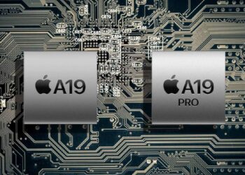 تصویر گرافیکی از دو تراشه پردازنده با برچسب‌های A19 و A19 Pro اپل روی مدار الکترونیکی.