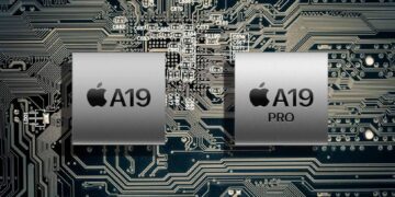 تصویر گرافیکی از دو تراشه پردازنده با برچسبهای A19 و A19 Pro اپل روی مدار الکترونیکی.