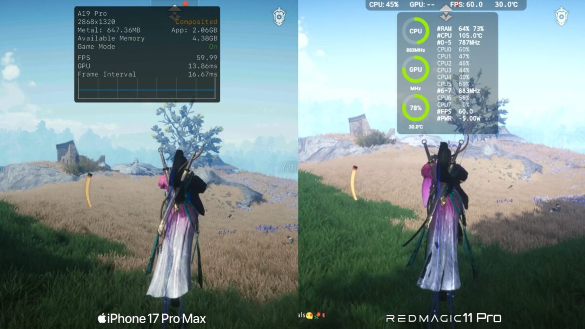مقایسه فنی نرخ فریم و عملکرد در بازی بین آیفون ۱۷ پرو مکس و ردمجیک ۱۱ پرو.