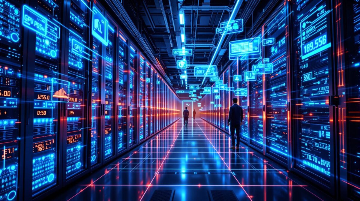 نمایی از یک دیتاسنتر پیشرفته و آینده‌نگرانه با نورپردازی آبی نئونی و پنل‌های هولوگرافیک معلق که سرورهای هوش مصنوعی را نشان می‌دهد.