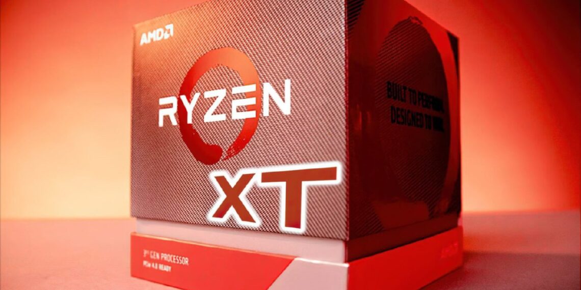 جعبه خرده‌فروشی یک پردازنده AMD Ryzen سری XT با طراحی نمادین دایره نارنجی.