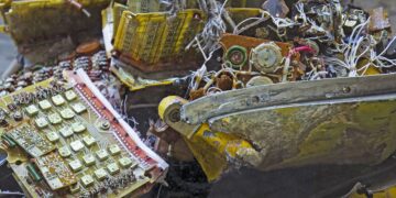 نمای نزدیک از بقایای بردهای الکترونیکی و قطعات سوخته تجهیزات نظامی منهدم شده در جنگ اوکراین.