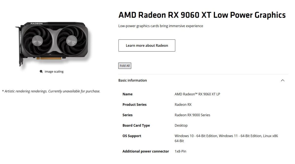 صفحه معرفی رسمی کارت گرافیک AMD Radeon RX 9060 XT LP با طراحی دو فن و مصرف انرژی پایین، نمایش مشخصات پایه محصول، پشتیبانی سیستم‌ عامل و جایگاه سری Radeon RX 9000