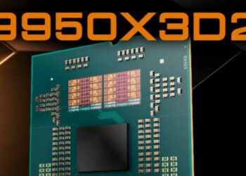 تصویر گرافیکی از پردازنده AMD مدل 9950X3D2 با نمایش چیپلتهای داخلی روی برد سبز رنگ.