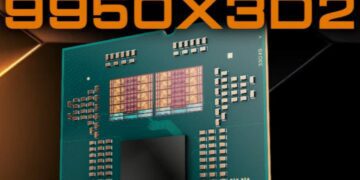 تصویر گرافیکی از پردازنده AMD مدل 9950X3D2 با نمایش چیپلت‌های داخلی روی برد سبز رنگ.