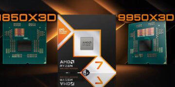 تصویر تبلیغاتی پردازندههای جدید رایزن (Ryzen 9 9950X3D2 و Ryzen 7 9850X3D) در کنار جعبه سری ۹۰۰۰.