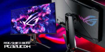 مانیتور گیمینگ ایسوس مدل ROG Swift OLED PG32UCDM از نمای جلو و پشت با نورپردازی RGB.