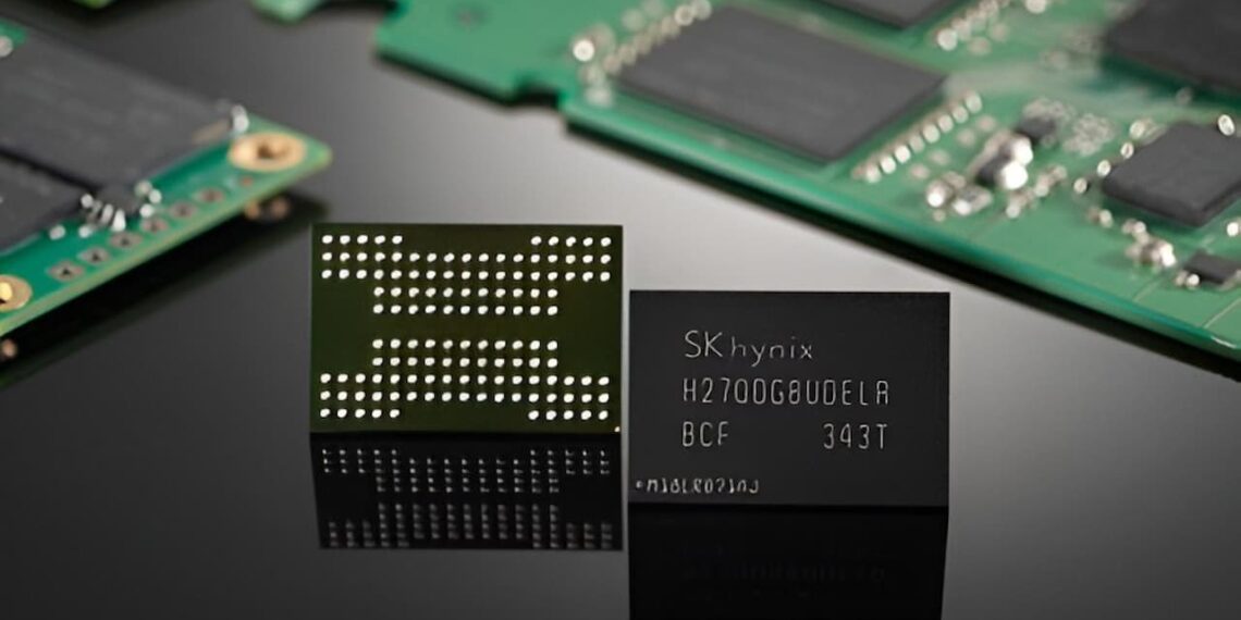 نمای نزدیک از یک تراشه حافظه SK hynix و سطح زیرین اتصالات یک تراشه دیگر.