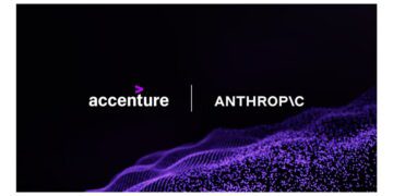 همکاری Accenture و Anthropic با پسزمینه گرافیکی بنفش نماد فناوری هوش مصنوعی