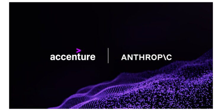 همکاری Accenture و Anthropic با پسزمینه گرافیکی بنفش نماد فناوری هوش مصنوعی