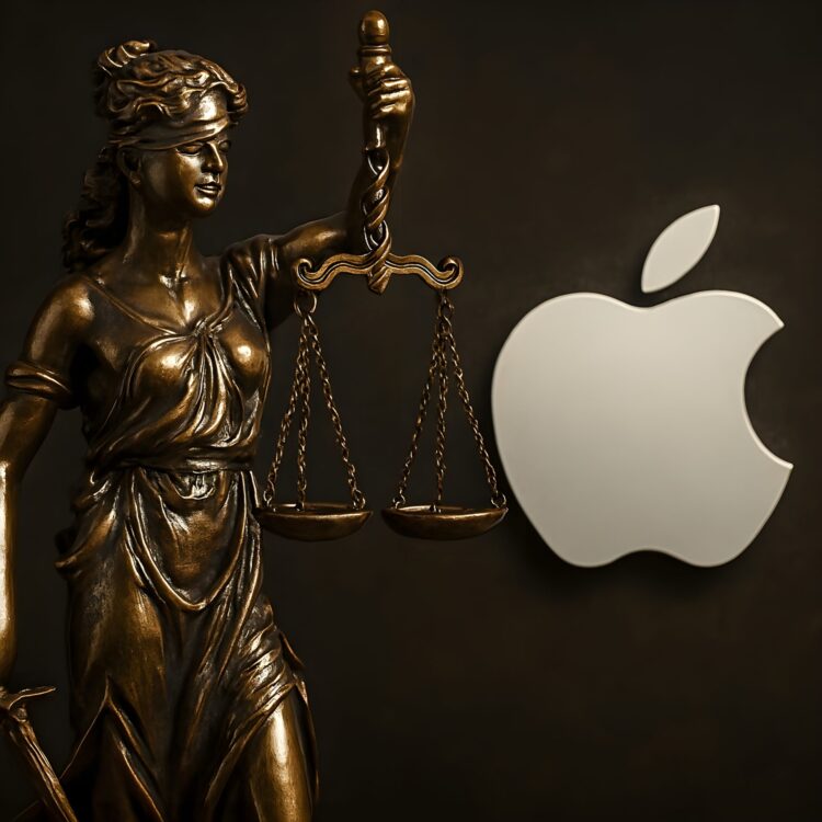 مجسمه برنزی بانوی عدالت (Lady Justice) که در کنار لوگوی بزرگ اپل ایستاده است.