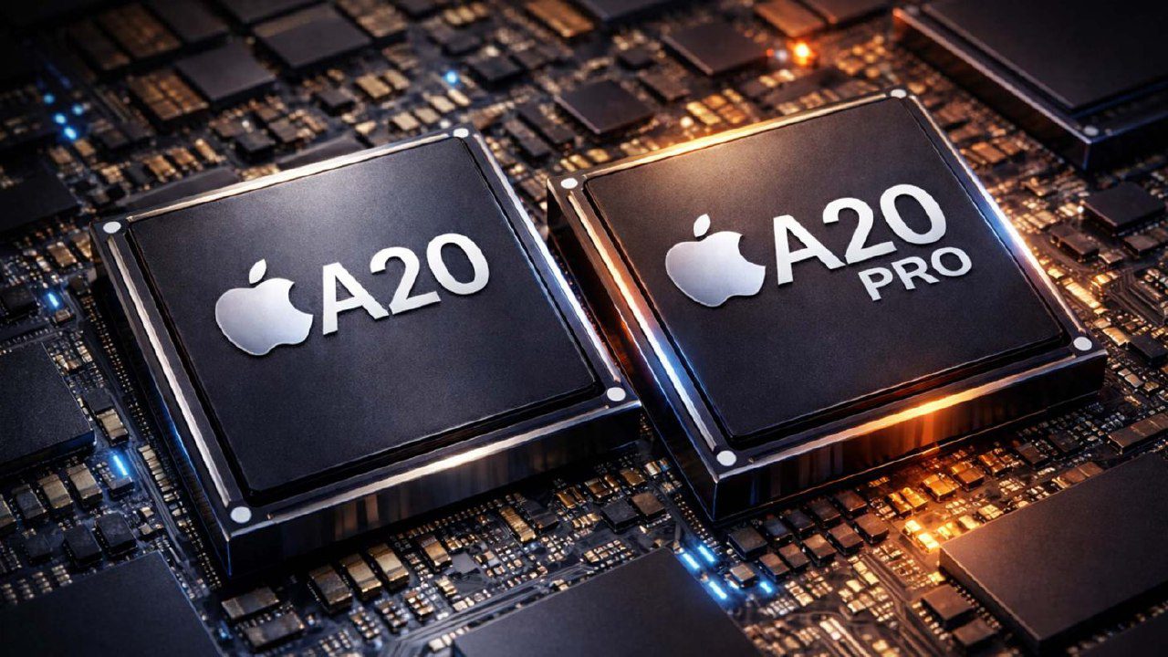 دو تراشه A20 و A20 Pro اپل در کنار هم روی یک مادربرد با نورپردازی نارنجی و آبی.