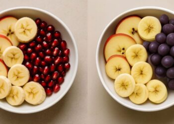 دو تصویر در کنار هم از یک کاسه میوه که در یکی دانه‌های انار و در دیگری انگور قرار دارد، برای نمایش قابلیت ویرایش هوش مصنوعی.