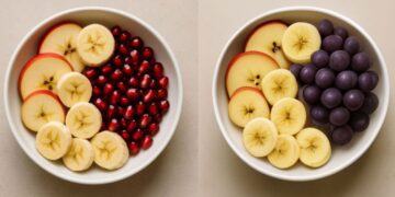 دو تصویر در کنار هم از یک کاسه میوه که در یکی دانه‌های انار و در دیگری انگور قرار دارد، برای نمایش قابلیت ویرایش هوش مصنوعی.