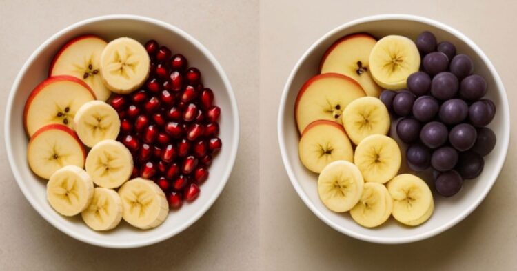 دو تصویر در کنار هم از یک کاسه میوه که در یکی دانه‌های انار و در دیگری انگور قرار دارد، برای نمایش قابلیت ویرایش هوش مصنوعی.