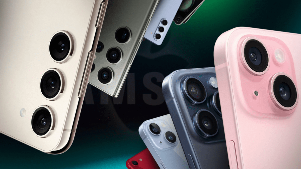 انبوهی از گوشی‌های هوشمند پرچمدار سامسونگ و آیفون که به صورت نامنظم در کنار هم قرار گرفته‌اند.