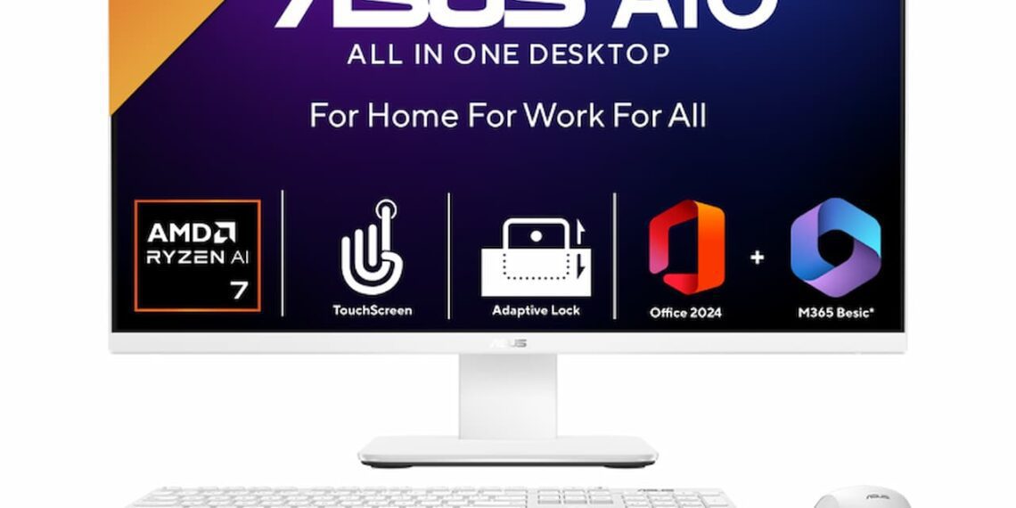 کامپیوتر همه‌کاره ASUS AiO به رنگ سفید با بنر تبلیغاتی پردازنده Ryzen AI 300 و قابلیت‌های لمسی.