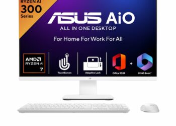 کامپیوتر همه‌کاره ASUS AiO به رنگ سفید با بنر تبلیغاتی پردازنده Ryzen AI 300 و قابلیت‌های لمسی.