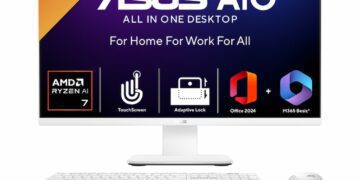 کامپیوتر همه‌کاره ASUS AiO به رنگ سفید با بنر تبلیغاتی پردازنده Ryzen AI 300 و قابلیت‌های لمسی.