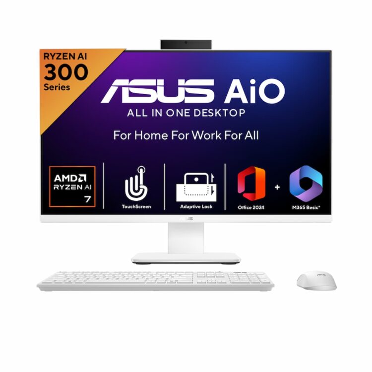 کامپیوتر همه‌کاره ASUS AiO به رنگ سفید با بنر تبلیغاتی پردازنده Ryzen AI 300 و قابلیت‌های لمسی.