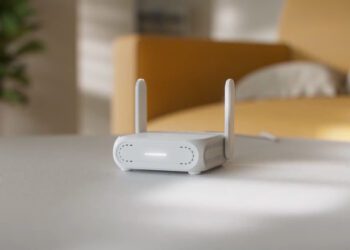 روتر مسافرتی سفید رنگ ایسوس با دو آنتن که در محیط خانه روی میز قرار گرفته است.