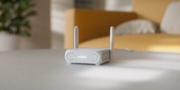 روتر مسافرتی سفید رنگ ایسوس با دو آنتن که در محیط خانه روی میز قرار گرفته است.