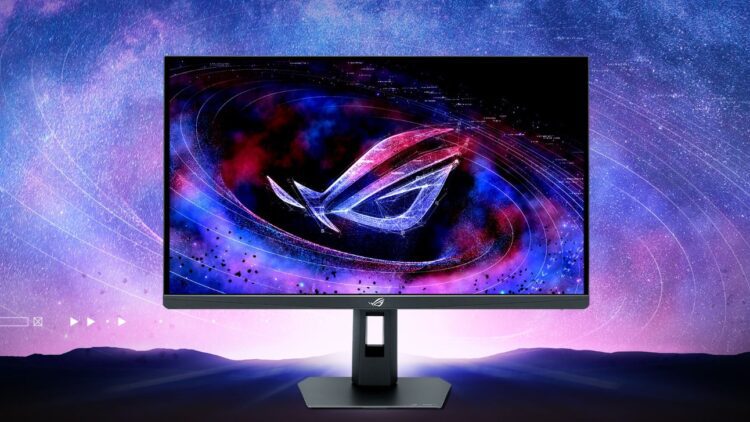 نمای روبروی مانیتور گیمینگ ایسوس ROG Strix XG27JCG با لوگوی ROG روی صفحه و پس‌زمینه فضایی.