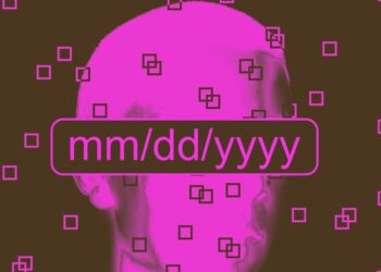 طرح گرافیکی انتزاعی از یک چهره که با نوار تاریخ (mm/dd/yyyy) پوشانده شده است؛ نمادی از محدودیت سنی و احراز هویت دیجیتال.