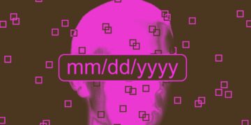 طرح گرافیکی انتزاعی از یک چهره که با نوار تاریخ (mm/dd/yyyy) پوشانده شده است؛ نمادی از محدودیت سنی و احراز هویت دیجیتال.