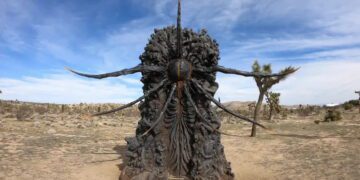 مجسمه عظیم و تیرهرنگ با طراحی فرازمینی و شاخکهای متعدد در دل کویر، با جزئیات ارگانیک و الهامگرفته از موجودات اسطورهای