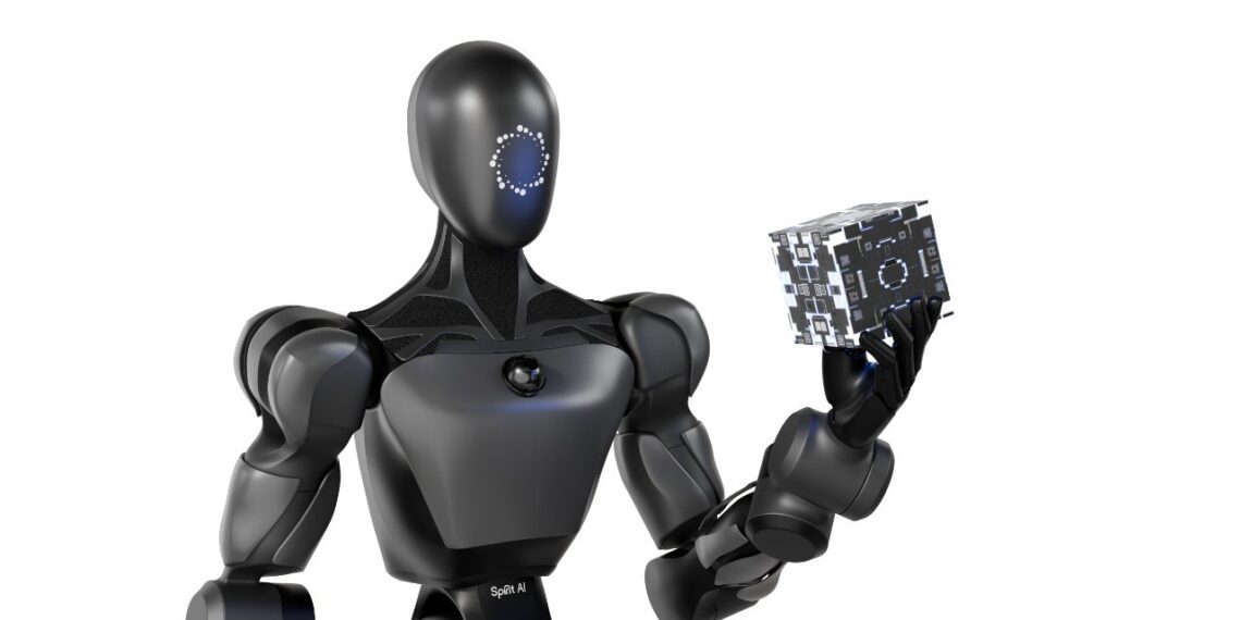 رندر سه بعدی یک ربات انساننما که قطعهای صنعتی را در دست نگه داشته است.