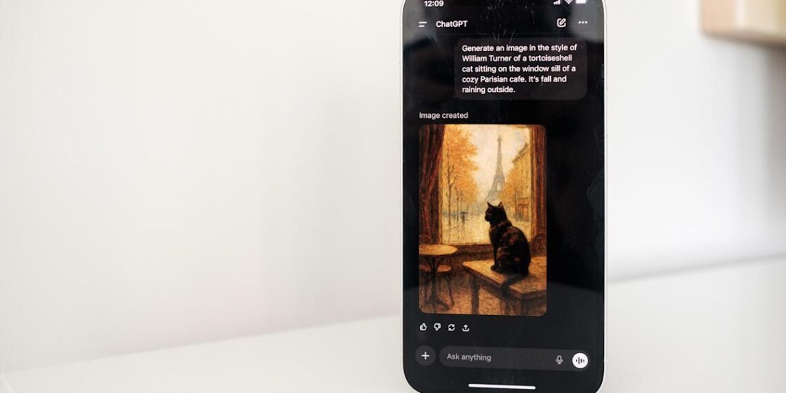 عکس از گوشی آیفون که صفحه چت ChatGPT و تصویر نقاشی شده یک گربه را نشان میدهد.