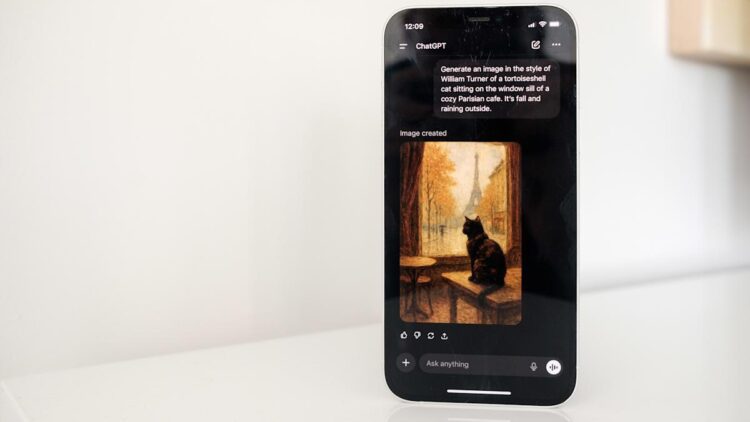 عکس از گوشی آیفون که صفحه چت ChatGPT و تصویر نقاشی شده یک گربه را نشان می‌دهد.