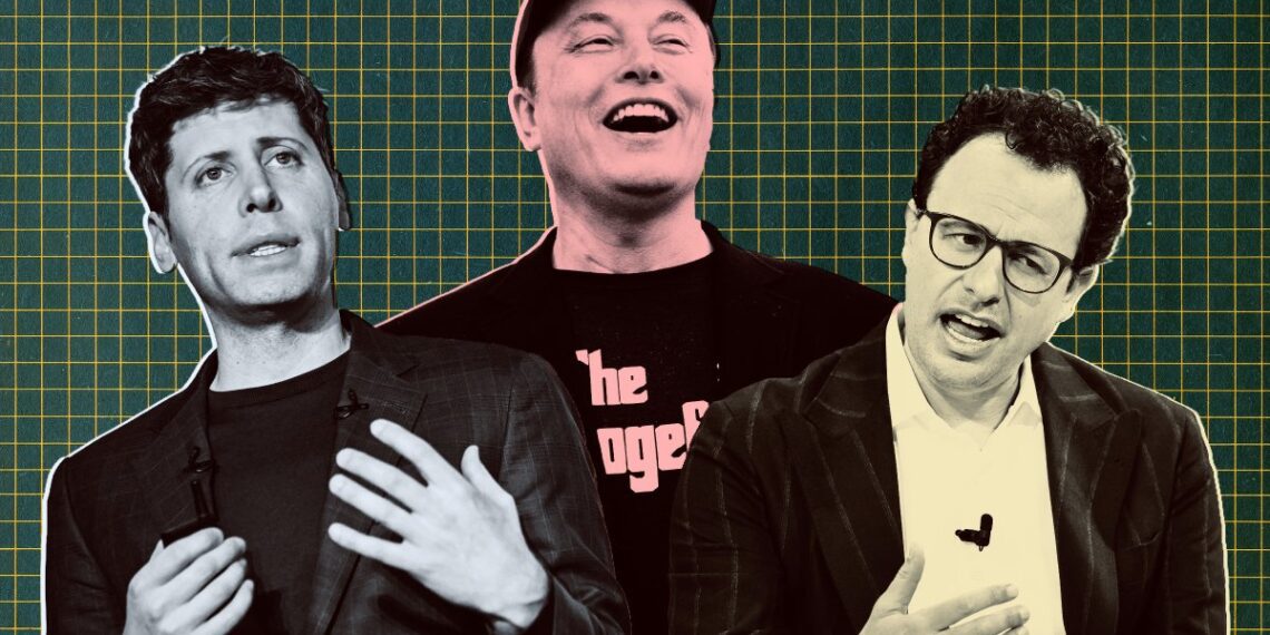 کلاژ تصویری از سم آلتمن، ایلان ماسک و یک مدیر تکنولوژی دیگر در مقابل یک پس‌زمینه سبز شطرنجی.