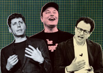 کلاژ تصویری از سم آلتمن، ایلان ماسک و یک مدیر تکنولوژی دیگر در مقابل یک پس‌زمینه سبز شطرنجی.