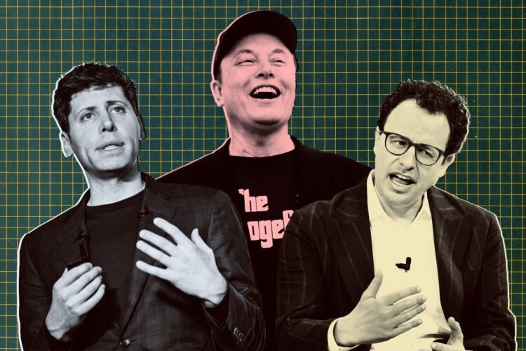 کلاژ تصویری از سم آلتمن، ایلان ماسک و یک مدیر تکنولوژی دیگر در مقابل یک پس‌زمینه سبز شطرنجی.