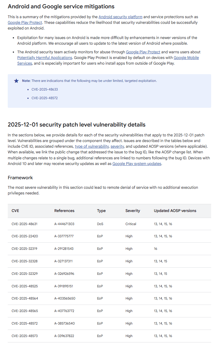 لیست جزئیات و کدهای CVE مربوط به آسیبپذیریهای رفع شده در پچ امنیتی دسامبر ۲۰۲۵ اندروید.
