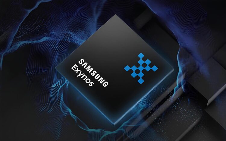 رندر گرافیکی تراشه Samsung Exynos 2500 با طراحی مشکی و نورپردازی آبی، نمایش لوگوی Exynos روی چیپست در پس‌زمینه دیجیتال با الگوهای موجی نماد پردازش و هوش مصنوعی