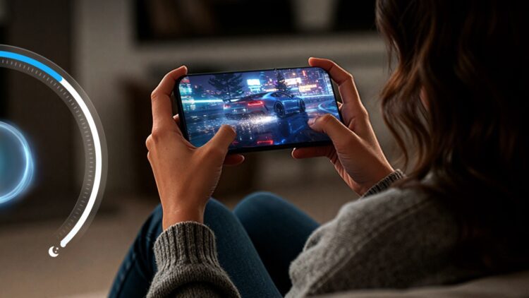 فردی در حال انجام یک بازی مسابقه‌ای با گرافیک بالا روی یک گوشی هوشمند در محیطی کم‌نور.