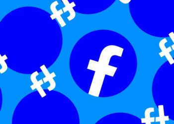 الگوی گرافیکی تکرارشونده از لوگوی فیس‌بوک در دایره‌های آبی رنگ.